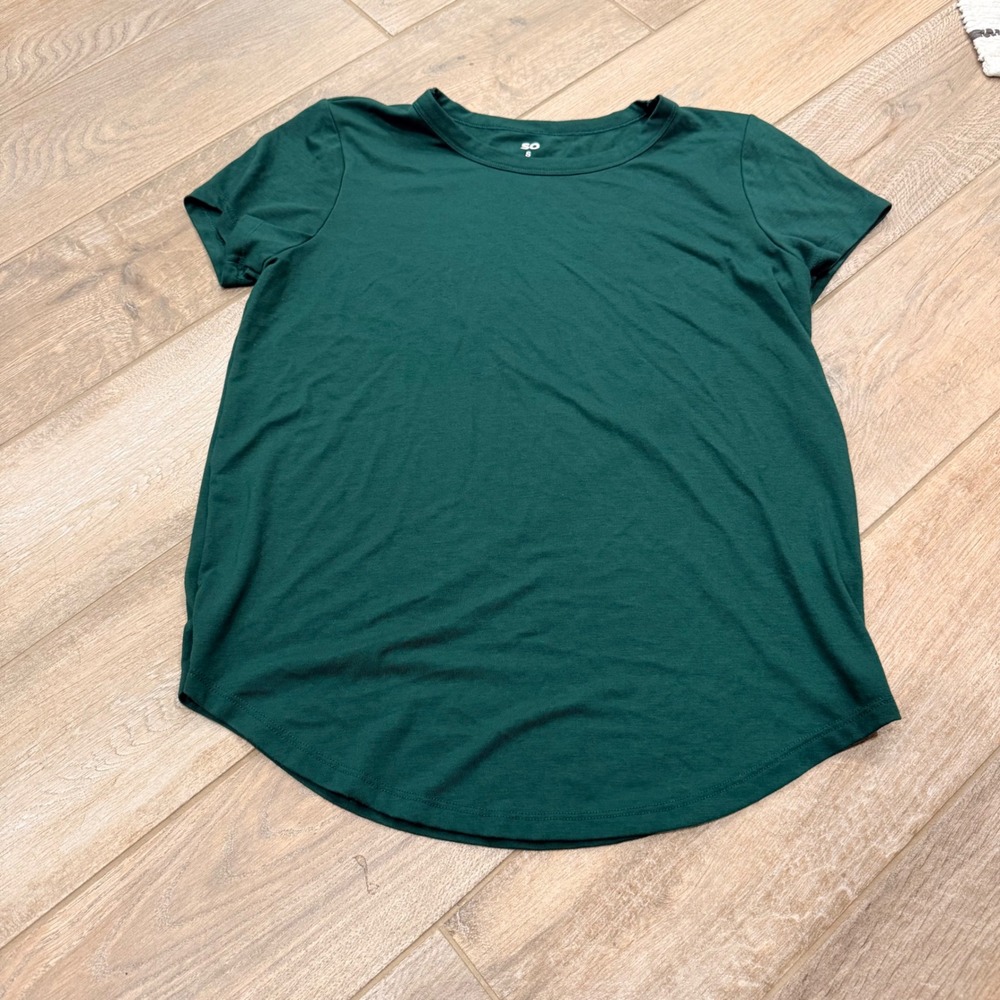 SO Women Forest Green Short Sleeve Crew Neck Curved Hem T-Shirt Size S